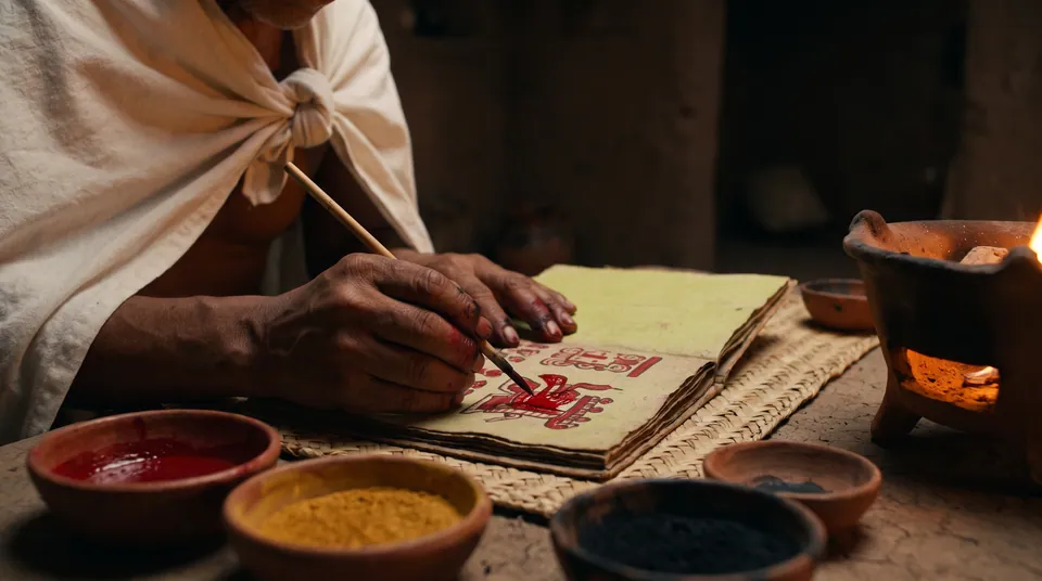 Las manos del tlacuilo pintan un códice